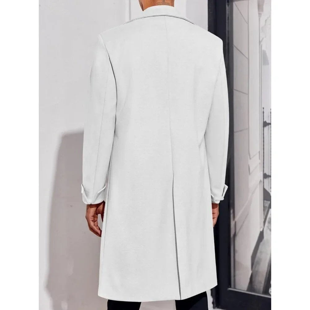 Men's White Notch Lapel Double Breasted Long Trench Coat Cotton Blend Pea Coat